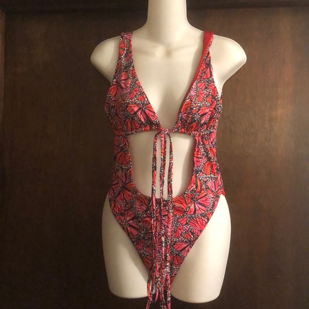 Toluca Nicola Midi One Piece Swimsuit Papillon Size M Pink & Red Butterfly Print